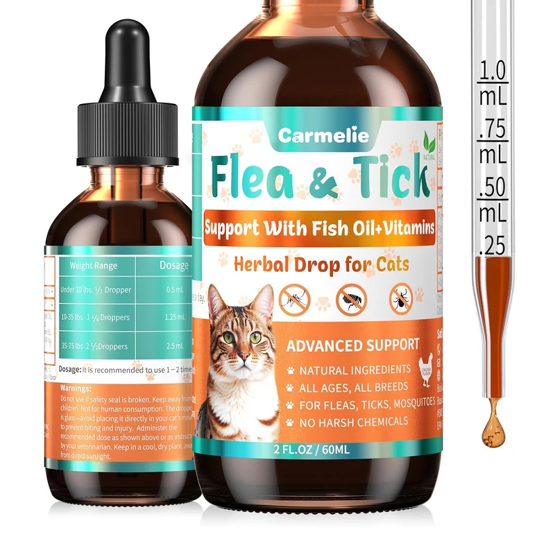 Carmelie – Gouttes naturelles anti-puces et tiques pour chats — Saveur poulet, tous âges