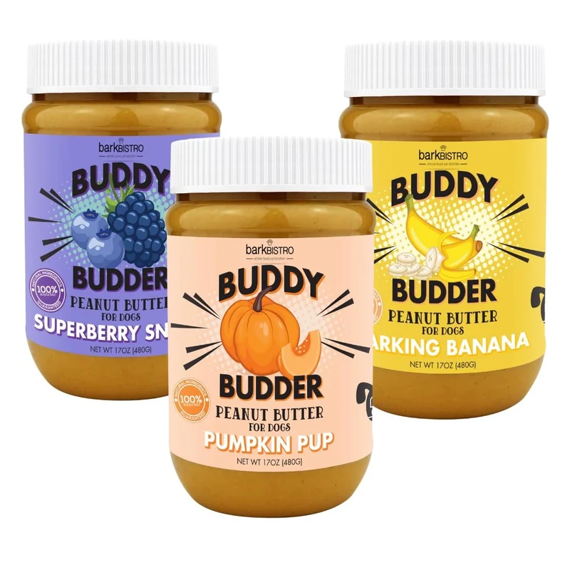 Buddy Budder – Trio de Pâtes de Cacahuète pour Chien (Superberry Snoot, Barkin Banana, Pumpkin Pup) – 100% Naturelle, Fabriqué aux États‑Unis (set de 3 / 17 oz)