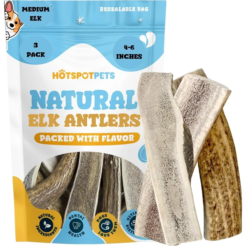 Hotspot Pets – Cornes d'Élan Fendues pour Chiens (4–6 po) – Lot de 3 – Sans additifs – Fabriqué aux États-Unis
