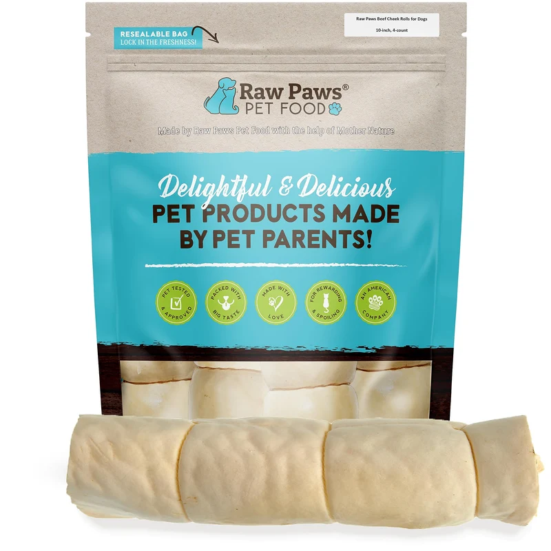 Raw Paws – Rouleaux de joue de bœuf pour chiens (Grand format, 4 pièces, 10 po) – Fabriqué aux États‑Unis – Alternative sans cuir