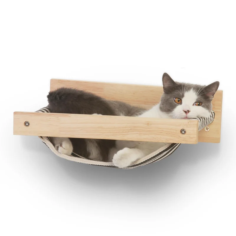 FUKUMARU Hamac mural pour chats et perchoirs — meuble mural en bois, repos et jeu pour chats — rayures noires