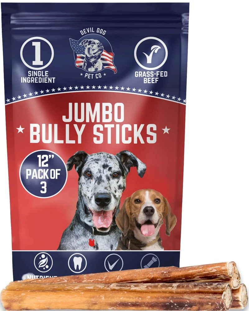 Devil Dog Pet Co - Bâtons Jumbo 12 po (3 pièces) - Épais, Faible Odeur, Boeuf nourri a l'herbe, Digestible, Sans Cuir Brut, Pour Grands Chiens
