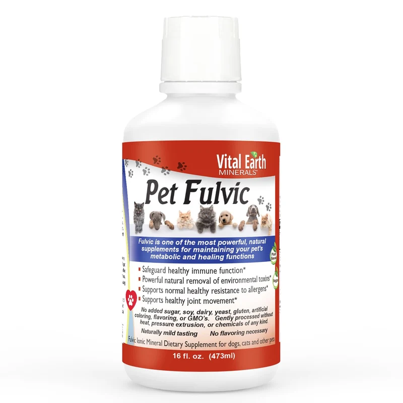 Vital Earth Minerals Pet Fulvic – 70+ minéraux traces pour chiens, chats et animaux de ferme – Soutien articulaire et peau – 16 oz