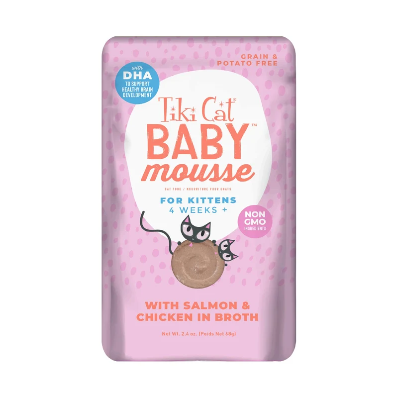 Tiki Cat Baby Mousse – Saumon et Poulet pour chatons 4 semaines+, Sans céréales, 12 sachets 2,4 oz | TIKI PETS