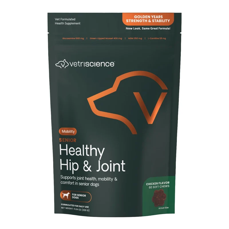 VetriScience Senior Hip & Joint Soft Chews – Soutien articulaire pour chiens seniors | Glucosamine, moules vertes, carnitine | 120 bouchées