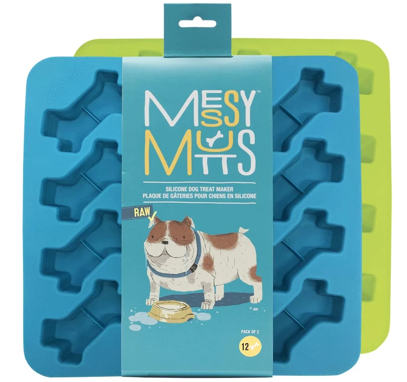 Moule silicone Messy Mutts – 2 pièces, 12 os 1 oz, plateau 9x9, lave-vaisselle, bleu/vert