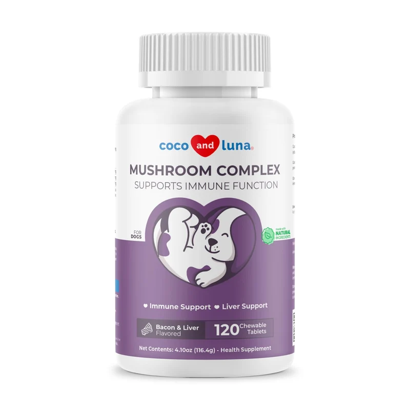 Coco et Luna – Complexe de champignons pour chiens (Reishi, Cordyceps, Crinière de lion, Polypore versicolore, Maitake et Shiitake) avec vitamine C, chardon-Marie et Q10 – 120 comprimés
