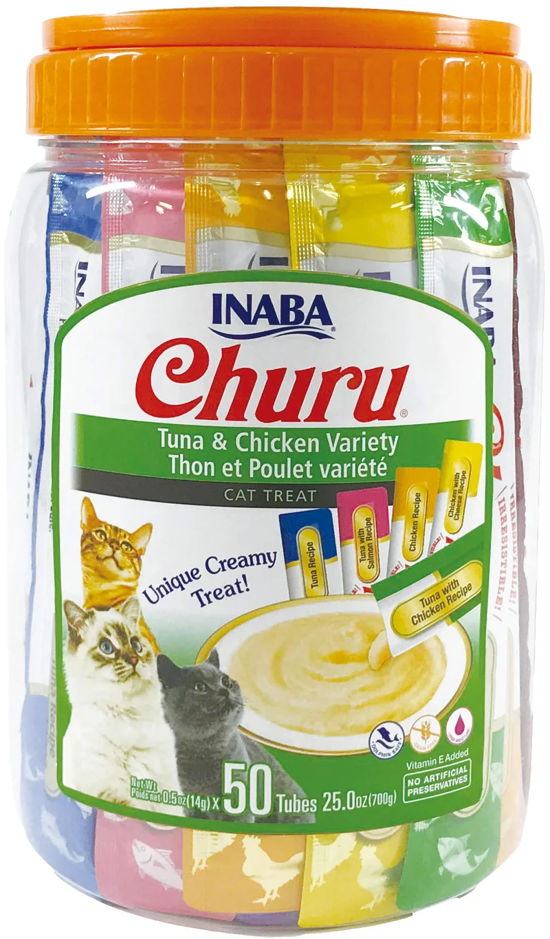 INABA Churu Chats — Purée Crème Léchable Sans Céréales, Friandise Topper Thon et Poulet, 50 Tubes 0,5 oz, Taurine et Vitamine E