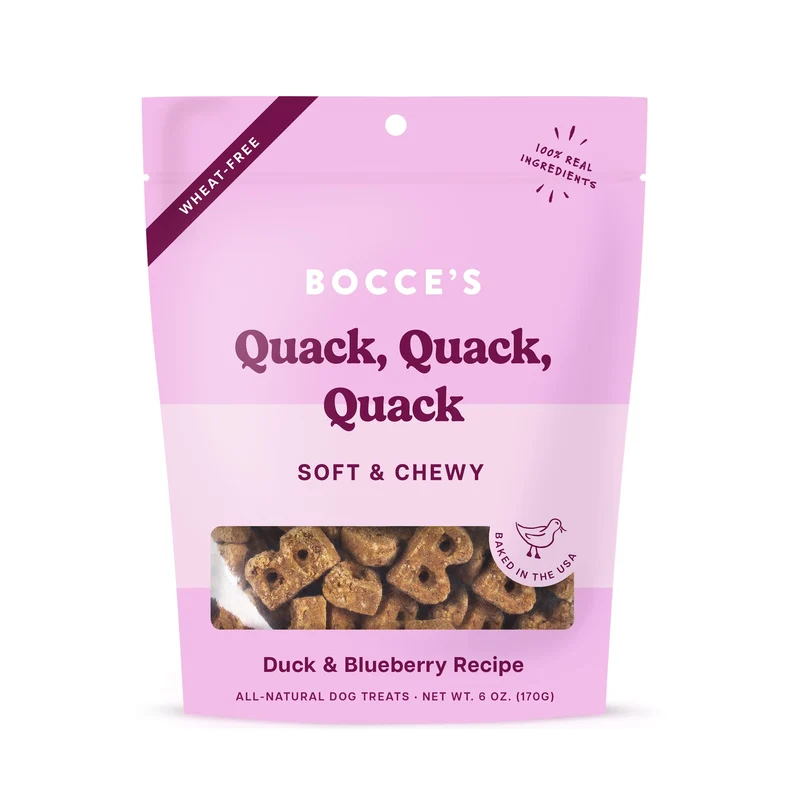 Friandises Bocce's Bakery Quack Quack Quack pour chiens – Sans blé, doux et moelleux, USA, Saveur beurre d'arachide et banane, 170 g