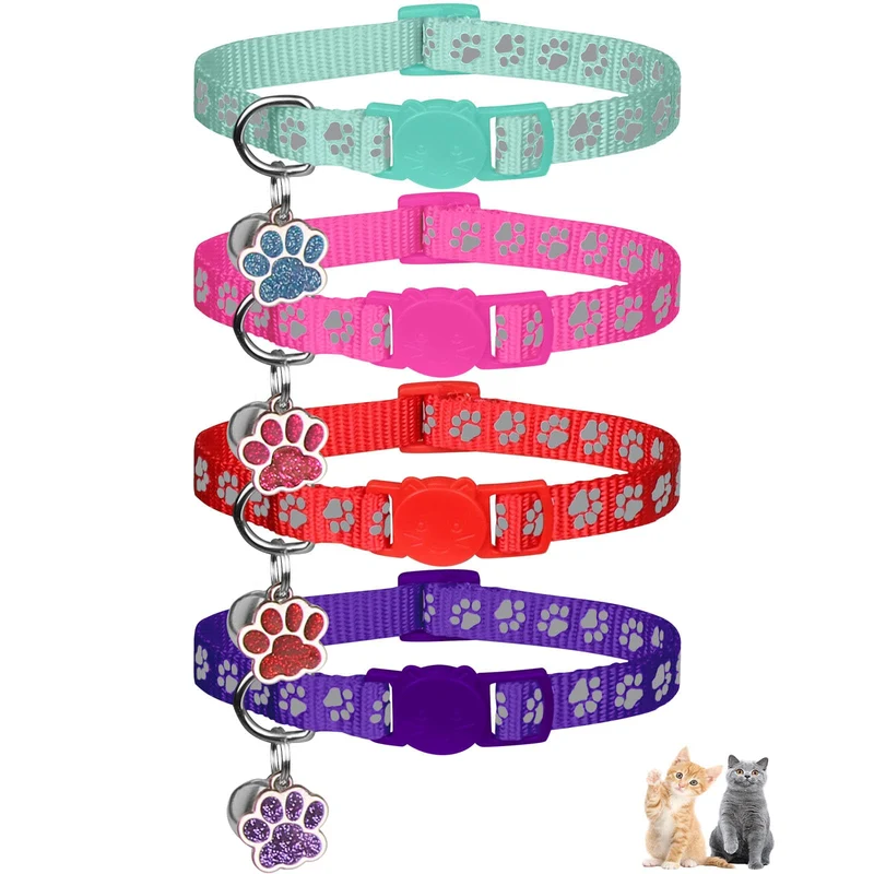 HLJ - Lot de 4 colliers chat breakaway réfléchissants avec cloche et pendentif patte | Tailles 6–9 et 7,5–12,6 pouces | Violet, Rose vif, Rouge, Bleu-vert