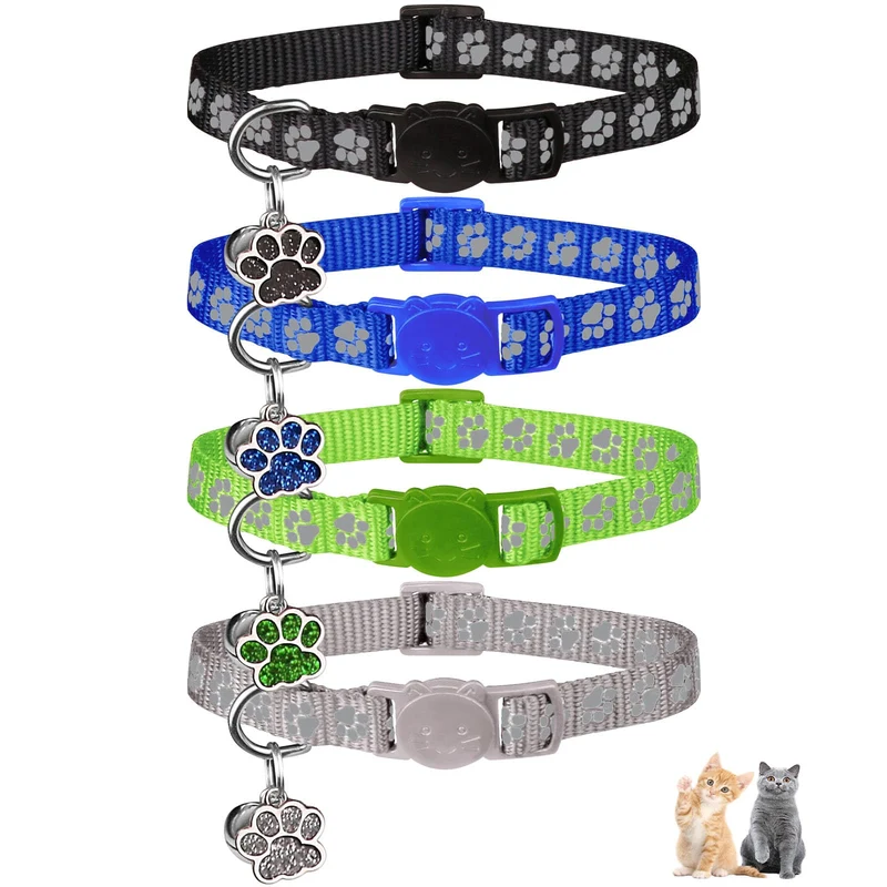 HLJ – 4 Colliers pour Chat à Ouverture Rapide, Réfléchissants avec Grelots et Pendentif Patte — Tailles 6–9 po et 7,5–12,6 po (Noir/Bleu/Vert/Gris)