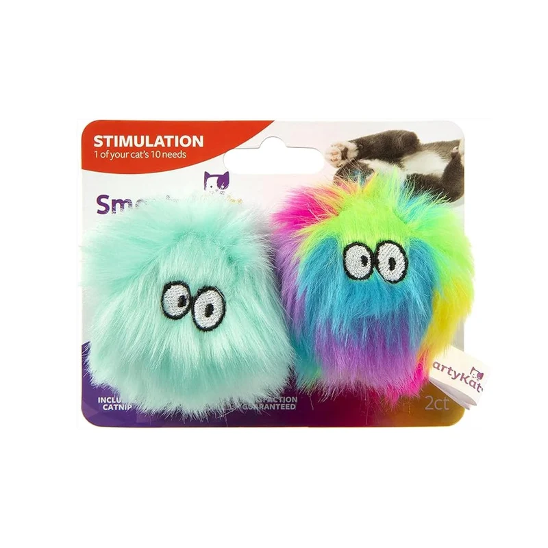 SmartyKat Fuzzy Friends – Balle Peluche Chat avec Herbe à Chat (Arc‑en‑Ciel et Turquoise), Lot de 2