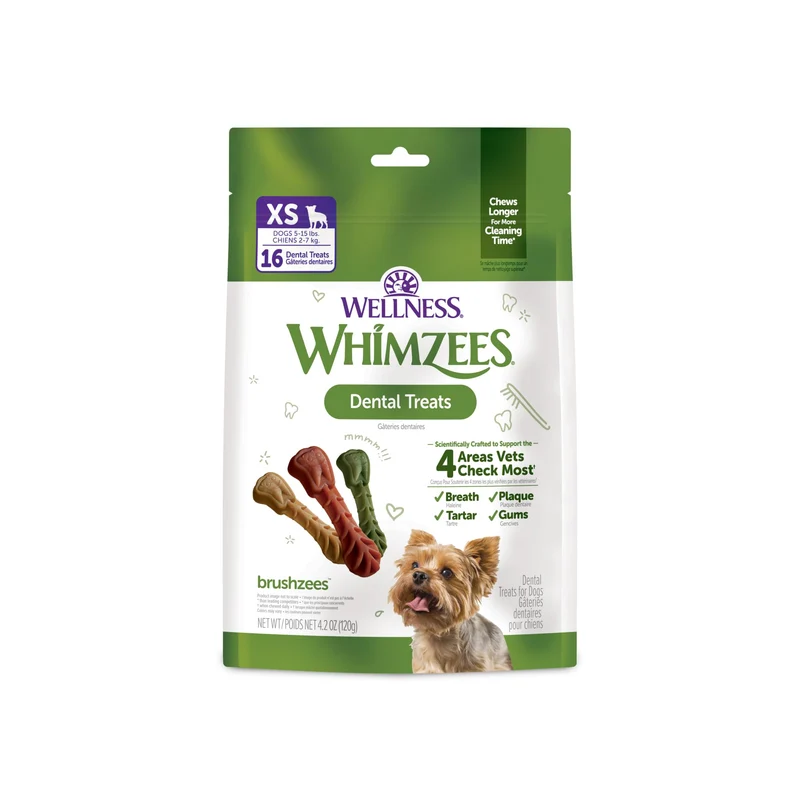 Whimzees Wellness Brushzees – Friandises dentaires pour chien, VOHC accepté, haleine fraîche, taille extra-petite, sac 4,2 oz, 16 pièces