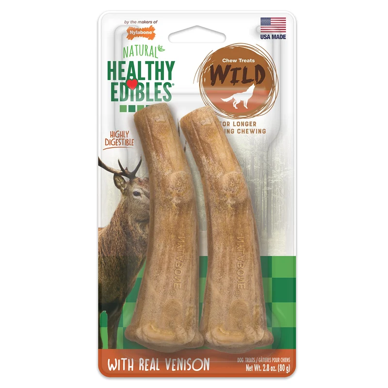 Nylabone Healthy Edibles WILD – Os à mâcher au venaison pour grands chiens (jusqu’à 50 lb) – 2 pièces, fabriqué aux États‑Unis