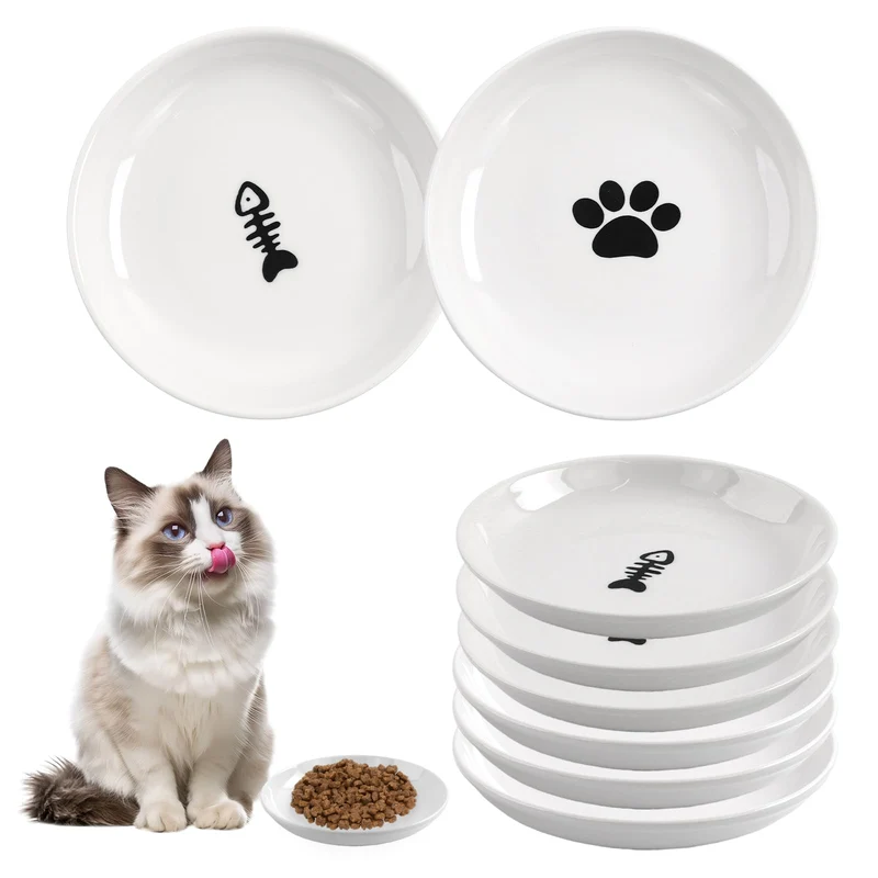 STAOVA – Lot de 6 Bols pour Chat en Céramique, 14 cm, Motifs Patte et Poisson, Conçus pour limiter la fatigue des moustaches