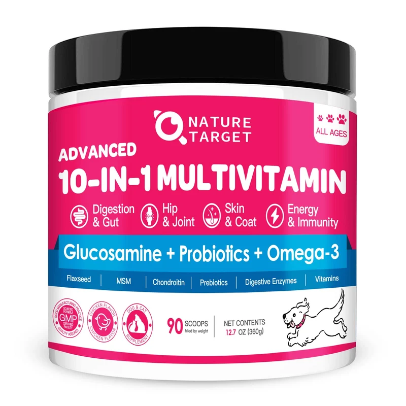 NATURE TARGET – Poudre multivitamines pour chien, probiotiques et enzymes digestives, soutien articulations, peau et immunité