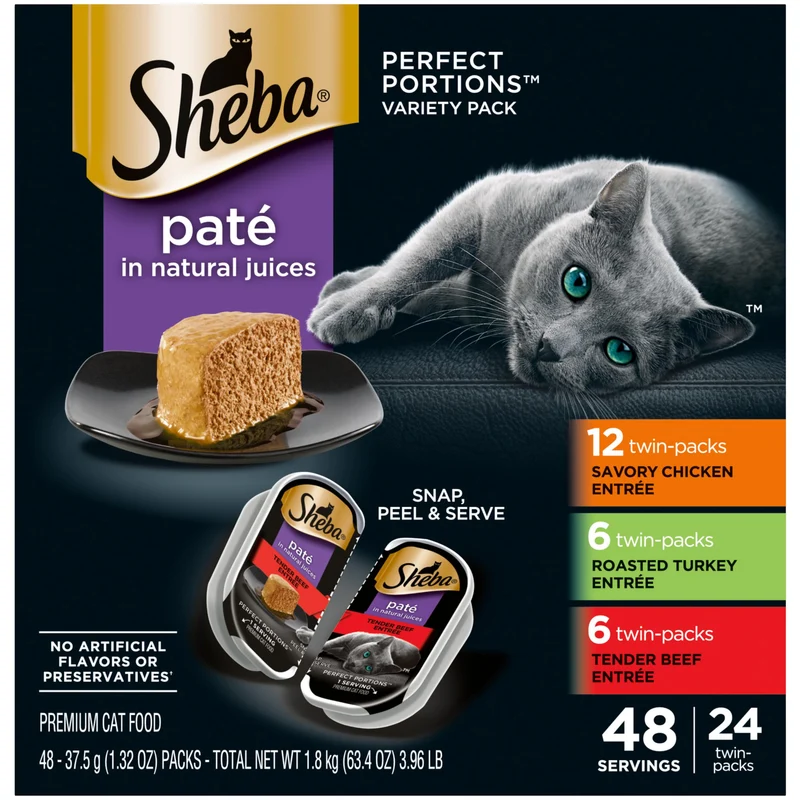 Sheba Perfect Portions Pâté pour Chat — Poulet Savoureux, Dinde Rôtie et Bœuf Tendre, Coffrets Jumeaux 24 Plateaux de 2,6 oz