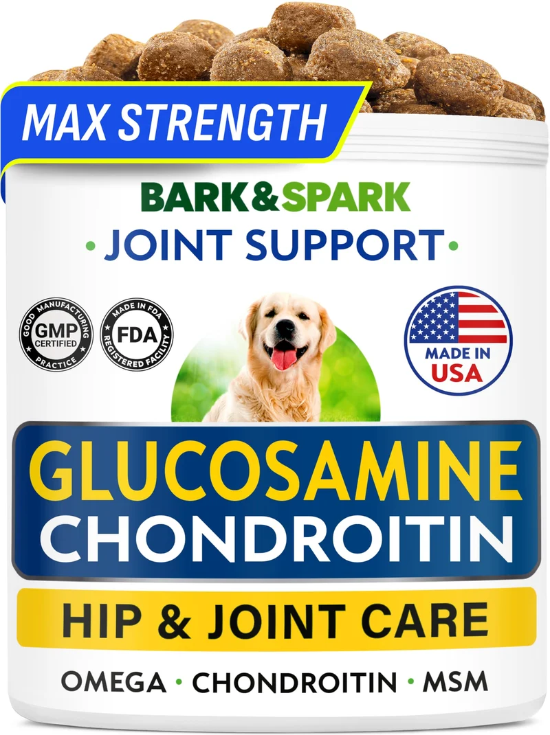 BARK&SPARK Gommes Glucosamine-Chondroïtine pour Chiens – Mobilité et Articulations (120 Friandises Saveur Bacon)