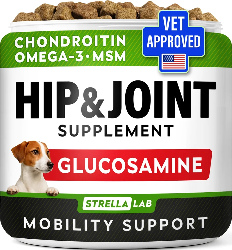 STRELLALAB Hip & Joint – Supplément articulations chiens (glucosamine, chondroïtine, MSM) – Saveur bacon – 120 bouchées – Fabriqué USA