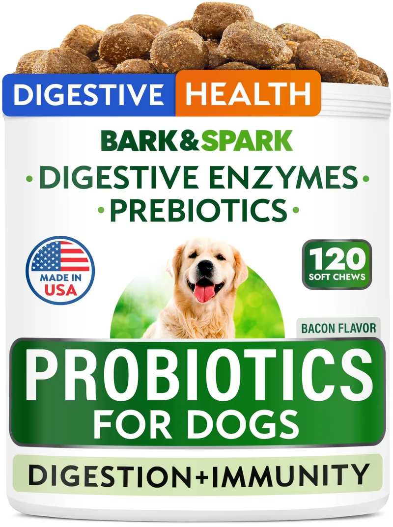 Probiotiques et enzymes digestives Bark&Spark pour chiens – Santé intestinale, allergies et peau – Saveur bacon, 120 comprimés