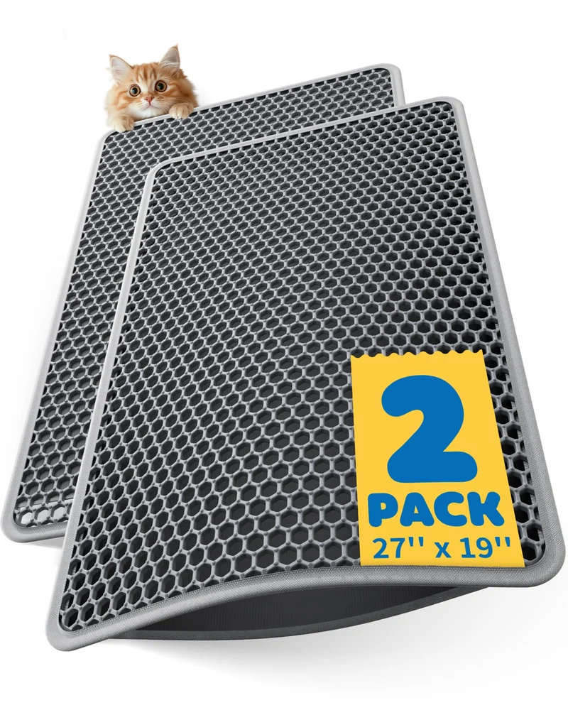 Powools - Tapis Litière Chat Ultra Grand 27" x 19" (2-Pack) - Double Couches, Imperméables, Anti-Derapant, Gris