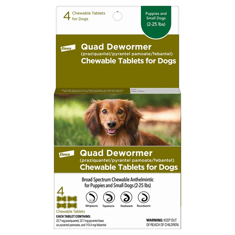 Elanco Quad Déparasitant à mâcher pour petits chiens (2-25 lb) – 4 comprimés goût boeuf