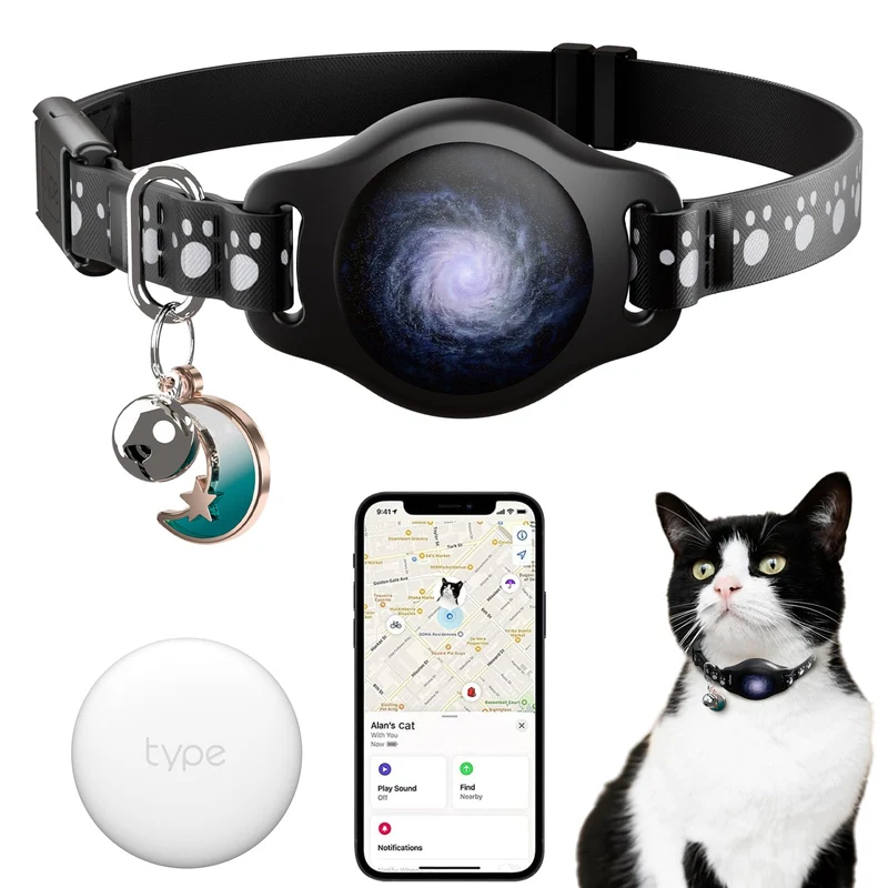 Collier Traceur Typecase pour Chat – AirTag, Find My, Étanche, Boucle Breakaway, Noir 8-12"