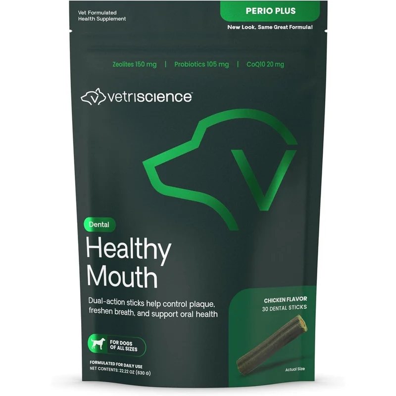 VETRISCIENCE Perio Plus Stix pour chiens — Sticks dentaires avec probiotiques, spiruline et zéolites, haleine fraîche, plaque et tartre, saveur poulet, 30 sticks