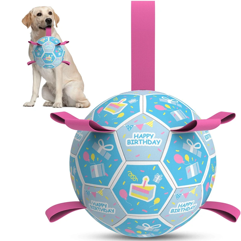 QDAN Balle de football pour chien avec sangles – Jouet durable 8 pouces