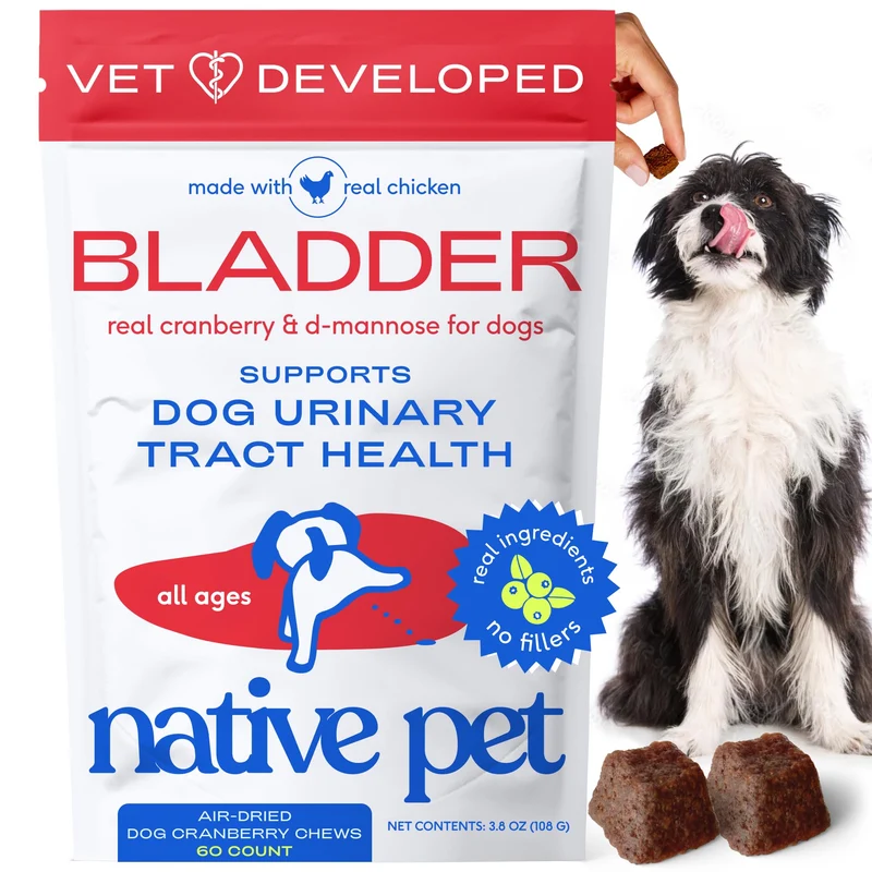 Native Pet – Traitement des infections urinaires chez le chien – Cranberry, D‑Mannose et Probiotiques – Friables séchés à l’air, 60 bouchées