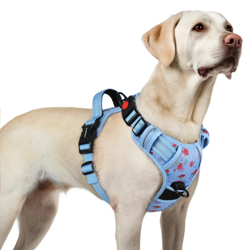 rabbitgoo harnais pour chien grand – sans tirage, 3 boucles, ajustable, floral bleu, taille L