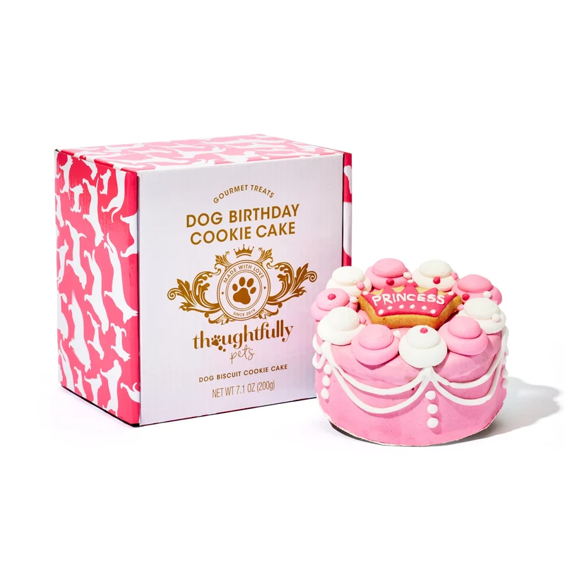 Thoughtfully Pets – Gâteau d'anniversaire chien Princesse Rose, mini biscuits beurre de cacahuète, décoré à la main