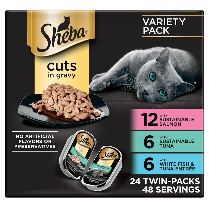 Sheba Perfect Portions – Portions humides en sauce pour chats adultes, saumon durable et autres saveurs (24 portions, 48 repas)
