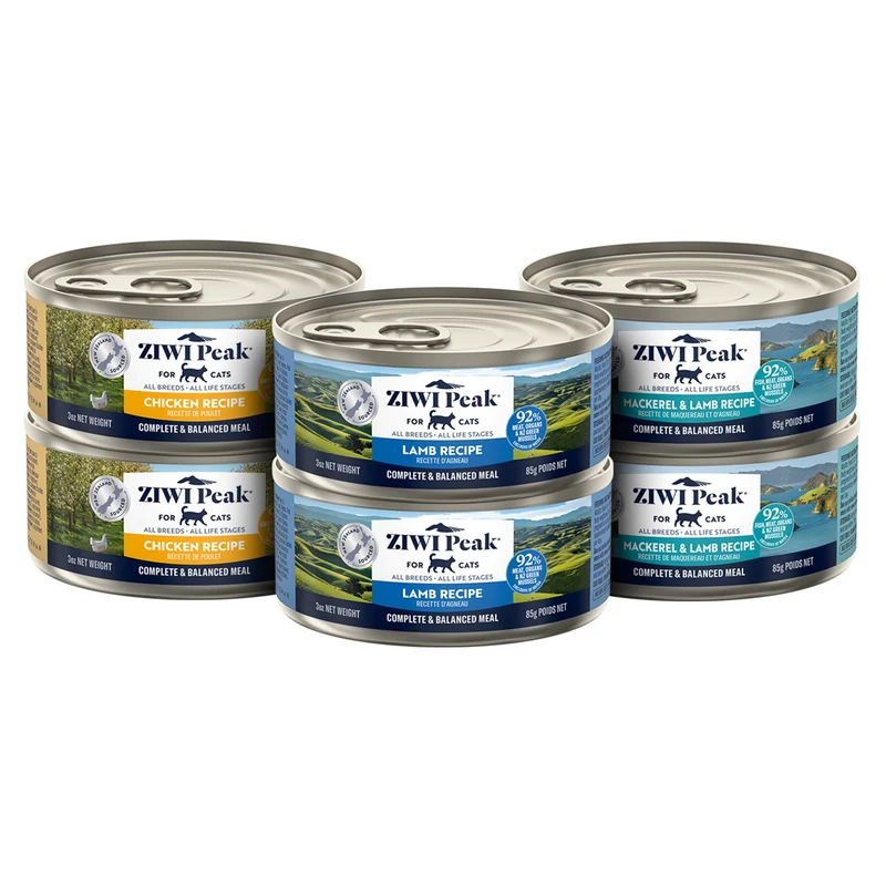ZIWI Peak Alimentation humide pour chats – Pack varié poulet, maquereau et agneau, et agneau, 6 boîtes (3 oz chacune)