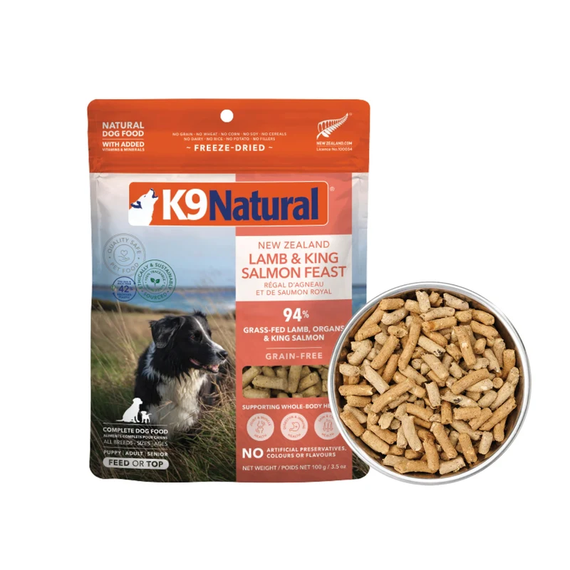 K9 Natural Agneau & Saumon Lyophilisés pour Chien – Repas Complet ou Garniture, Nouvelle-Zélande, Sans Céréales, Environ 100 g