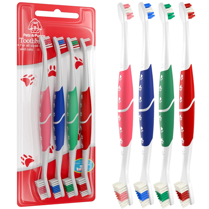 Brosse à dents Pets & Pupps pour chiens et chats – Double tête douce, poignée antidérapante (Lot de 4 Multi)