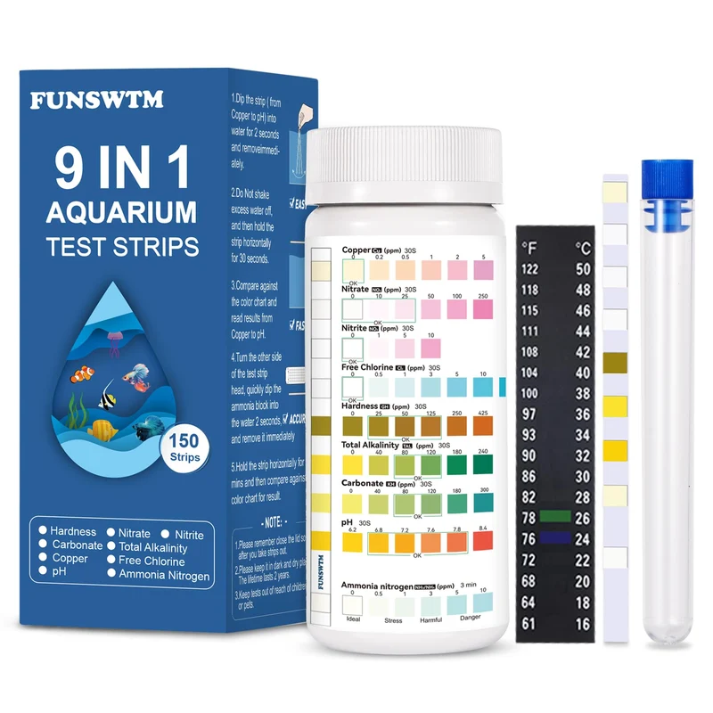 FUNSWTM Bandelettes de Test 9 en 1 pour Aquarium — Ammoniaque, pH, Nitrates, Chlore, Nitrite, Dureté, Alcalinité, Cuivre | Lot de 150