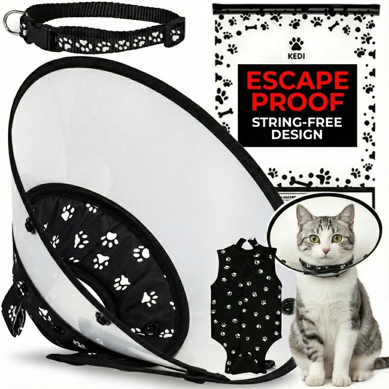 Kedi Cats Solutions – Kit Cône de Récupération pour Chats (Veste Douce + Protection, Noir avec Pattes Blanches, Taille M)