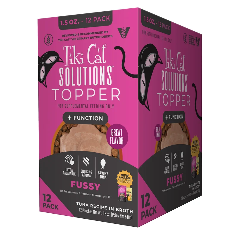 Topper Tiki Cat Solutions Fussy – Thon en Bouillon, Sachet 1,5 oz, Lot de 12 | TIKI PETS