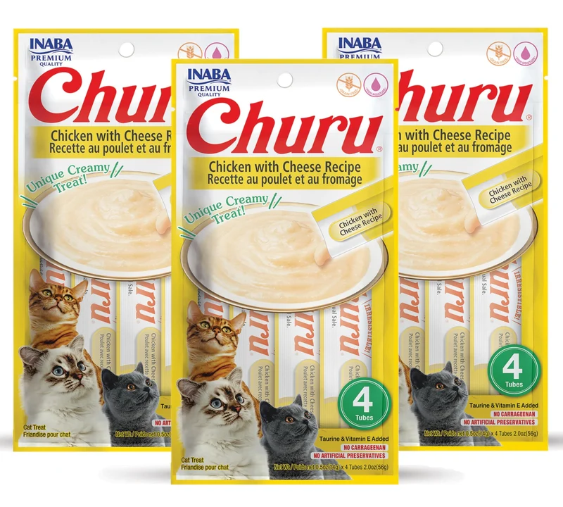 INABA Churu Purée Lickable pour Chat – Poulet & Fromage, Sans Céréales, Taurine & Vitamine E, 12 Tubes (4 par Pack)