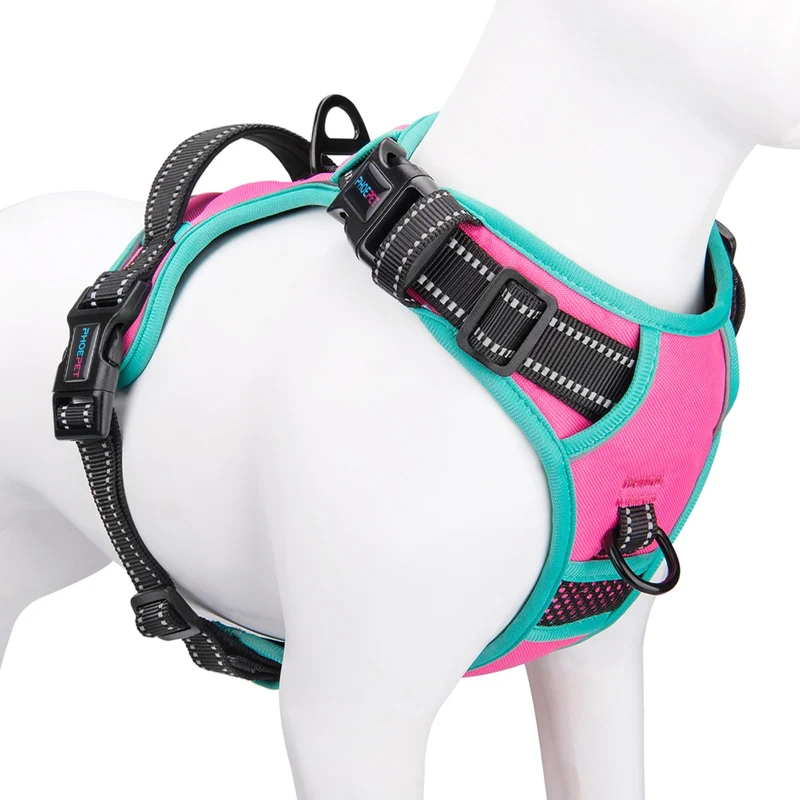 PHOEPET Harnais Chien Anti-Traction 2019 – Réglable, Réfléchissant, avec Poignée et 2 Ancrages Métalliques (Rose, Taille L)
