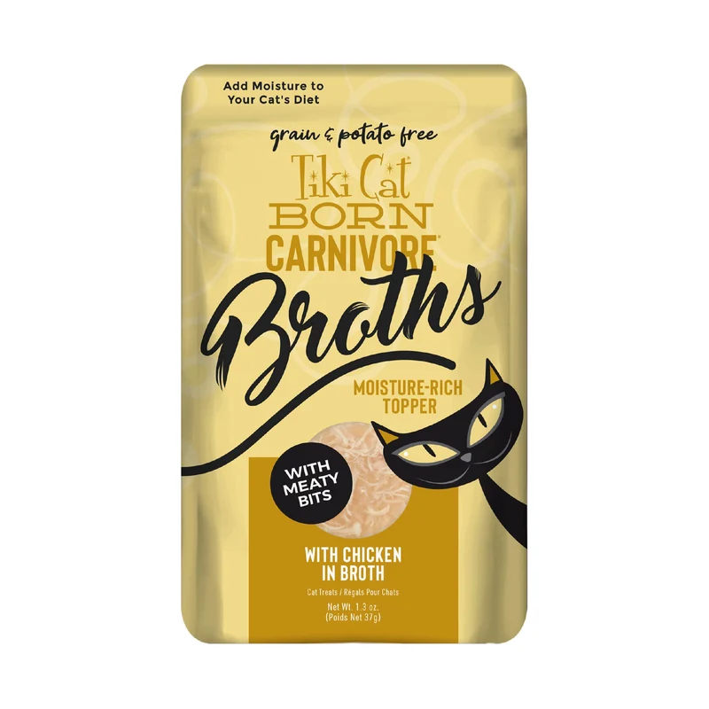 Tiki Pets Born Carnivore Broths – Bouillon au Poulet pour Chat, Hydratation et Saveur, Complément pour Croquettes, Sachets 1,3 oz, Lot de 12