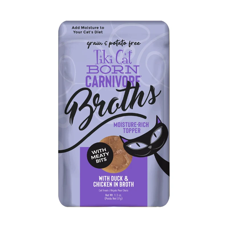 Tiki Cat Born Carnivore Broths – Canard & Poulet, Hydratation et Saveur pour Chat, Sachets de 37 g (12 ×)