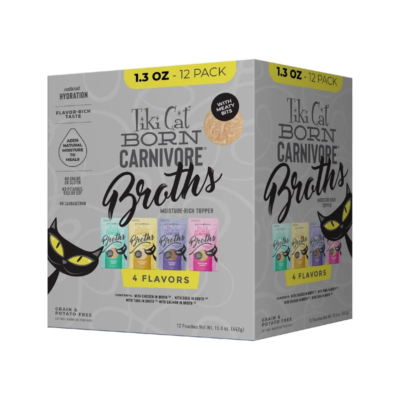 Pack Découverte de Bouillons Carnivores TIKI PETS – Morceaux de Viande, Hydratation et Saveur, Complément Humide pour Chat, Sachets de 1,3 oz (Lot de 12)