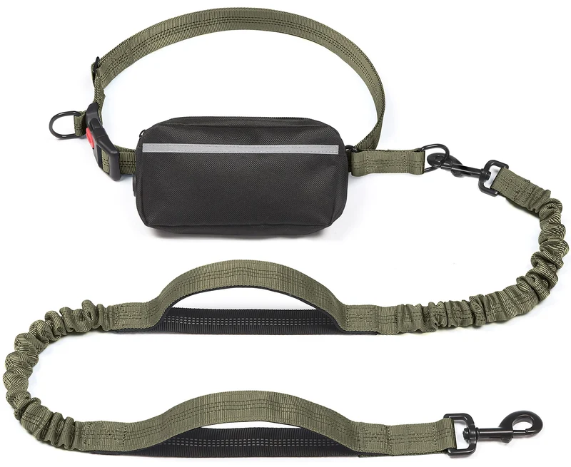 iYoShop Laisse mains libres pour chien avec poche zippée et bungee durable – Marche, footing et course à pied (Vert militaire, 8–25 lb, Taille M)