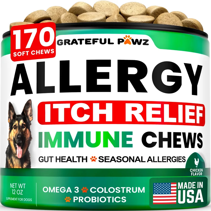 Grateful Pawz – Friandises Allergie Chien (170) – Anti-Démangeaisons et Peau Saine – Oméga-3 & Probiotiques – Fabriqué aux États‑Unis