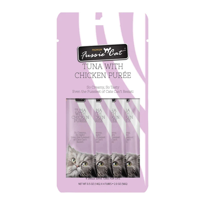 Fussie Cat Purée de Thon et Poulet – Friandises à lécher pour chat, Pochettes 0,5 oz (4 pièces)
