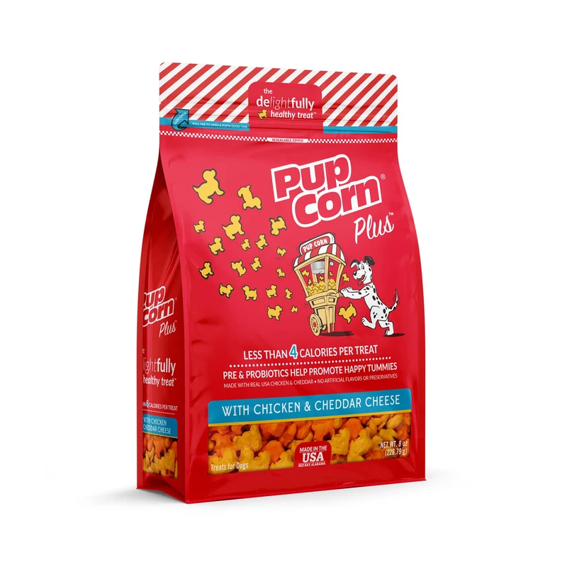 Pup Corn Plus – Friandises soufflées pour chiens, prébiotiques et probiotiques, saveur Poulet et Cheddar – 8 onces