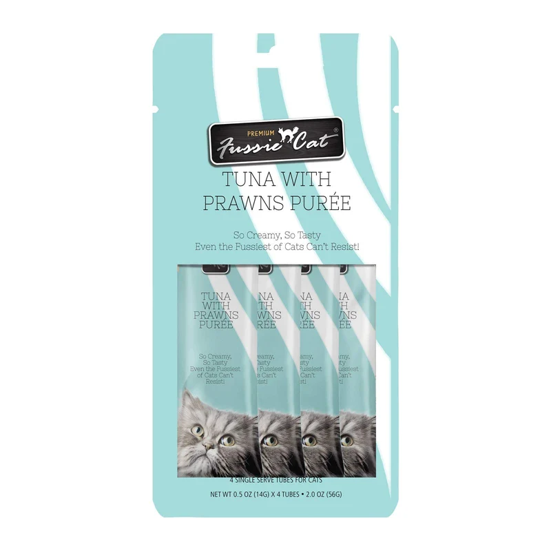 Fussie Cat Purée Thon et Crevettes – Friandises à Lécher, Pack de 4 Sachets 0,5 oz
