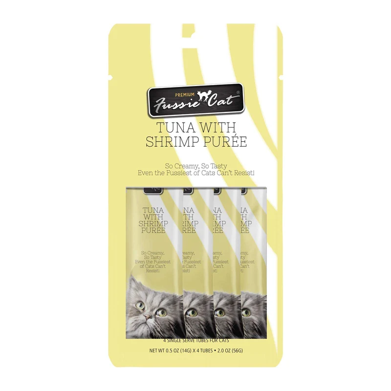 Fussie Cat Purée Thon et Crevettes – Friand Léchant pour Chat, Sachets 4 × 14 g